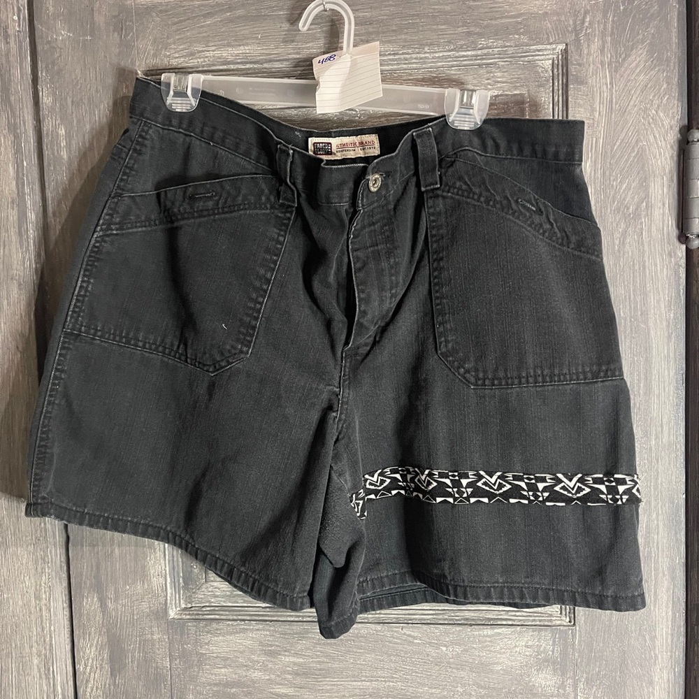 14-2 Faded Glory Upcycled Black Jean Shorts with Aztec Print Detail